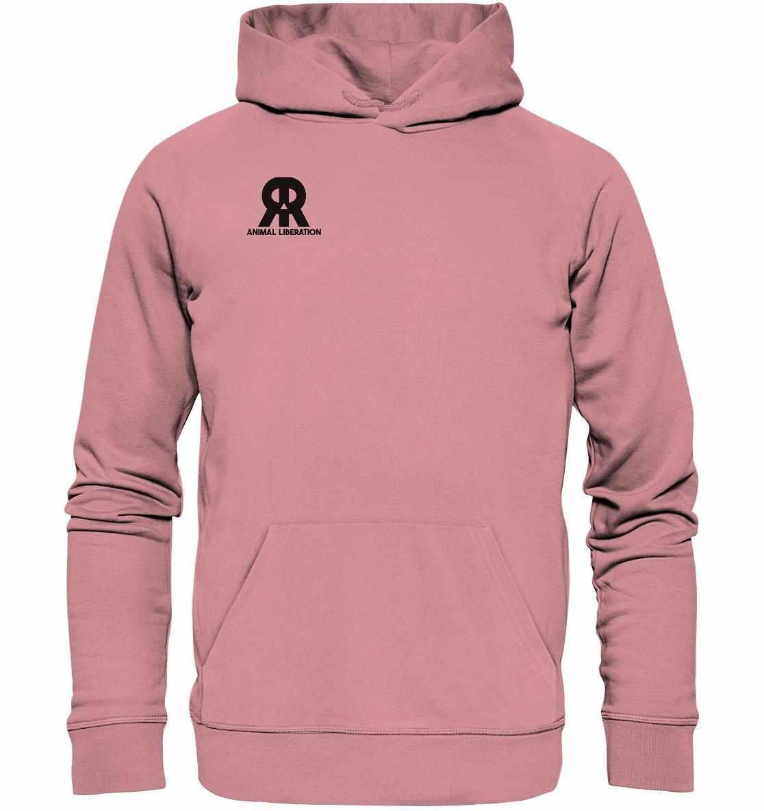 Vegan und Bio Hoodie: RUDE REBEL Skull - Animal Liberation, mit Kapuze und Kängurutasche, aus Bio-Baumwolle und recyceltem Polyester, rebellisches Design für Tierrechte.