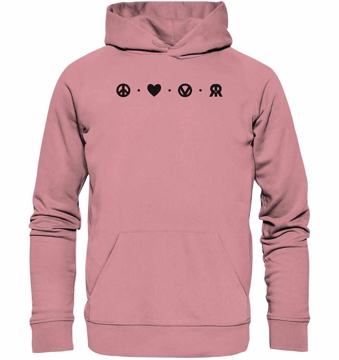 Vegan und Bio Hoodie: Peace - Love - Veganism - RUDE REBEL, pink mit schwarzen Symbolen, aus Bio-Baumwolle und Recyclingmaterialien, Kapuze und Kängurutasche, rebellisches Design.