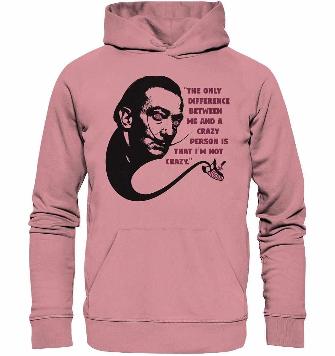Vegan und Bio Hoodie: Crazy Dali – Rosa Sweatshirt mit Salvador Dali-Motiv, aus Bio-Baumwolle und recyceltem Polyester, Kapuze und Kängurutasche.