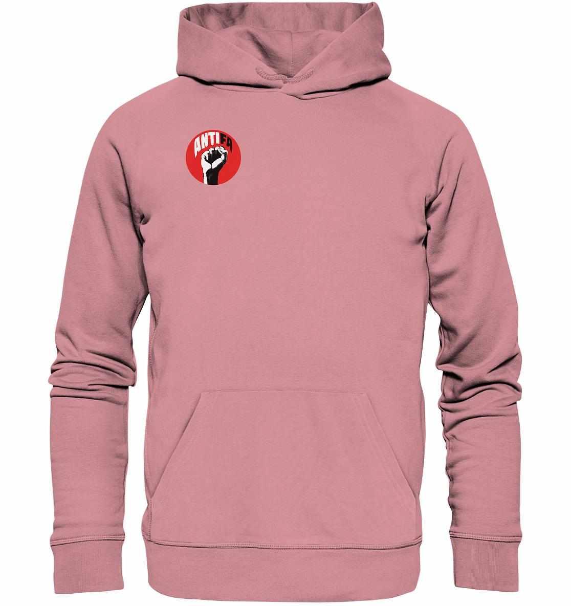 Vegan und Bio Hoodie: Antifa - Gemeinsam gegen Rechts, pinker Kapuzenpullover mit Kängurutasche und gesticktem Logo, symbolisiert Widerstand gegen Rechts. Umweltfreundlich aus Bio-Baumwolle.