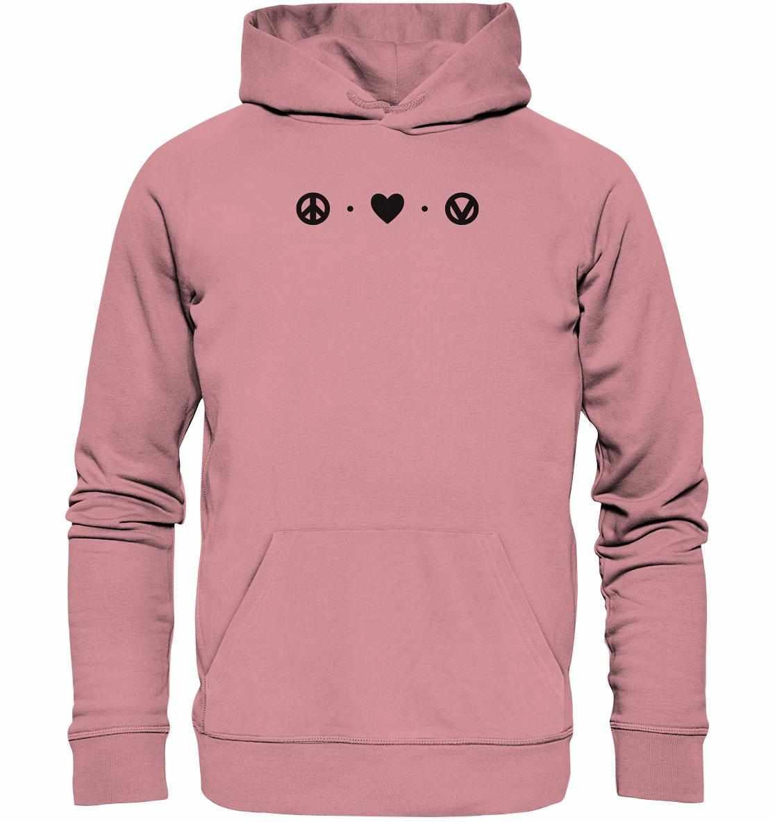 Vegan und Bio Hoodie: Peace - Love - Veganism mit schwarzem Friedens- und Herzsymbol, aus Bio-Baumwolle und Recyclingmaterialien, symbolisiert Frieden und Liebe.