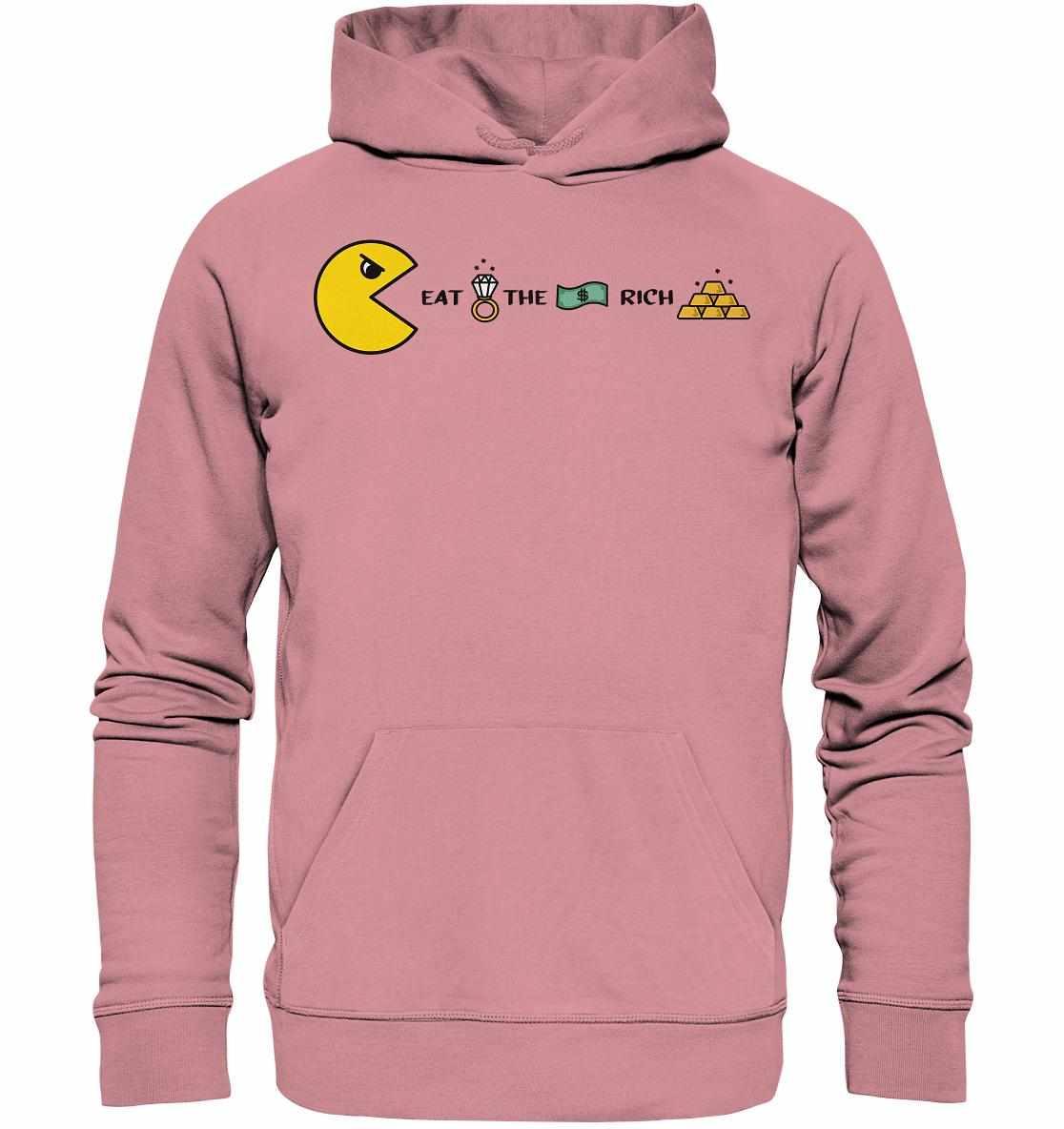 Vegan und Bio Hoodie: PAC-MAN - Eat the rich, pink mit Cartoon-Design, aus Bio-Baumwolle und Recyclingmaterial, Kängurutasche, nachhaltige Herstellung.