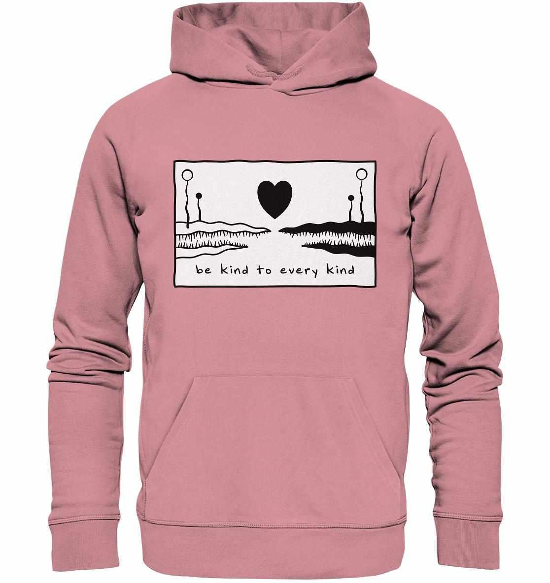 Vegan und Bio Hoodie: Be kind to every kind, pink mit Herzmotiv und Alligatorzähnen, aus Bio-Baumwolle. Nachhaltiges und rebellisches Design von RUDE REBEL.