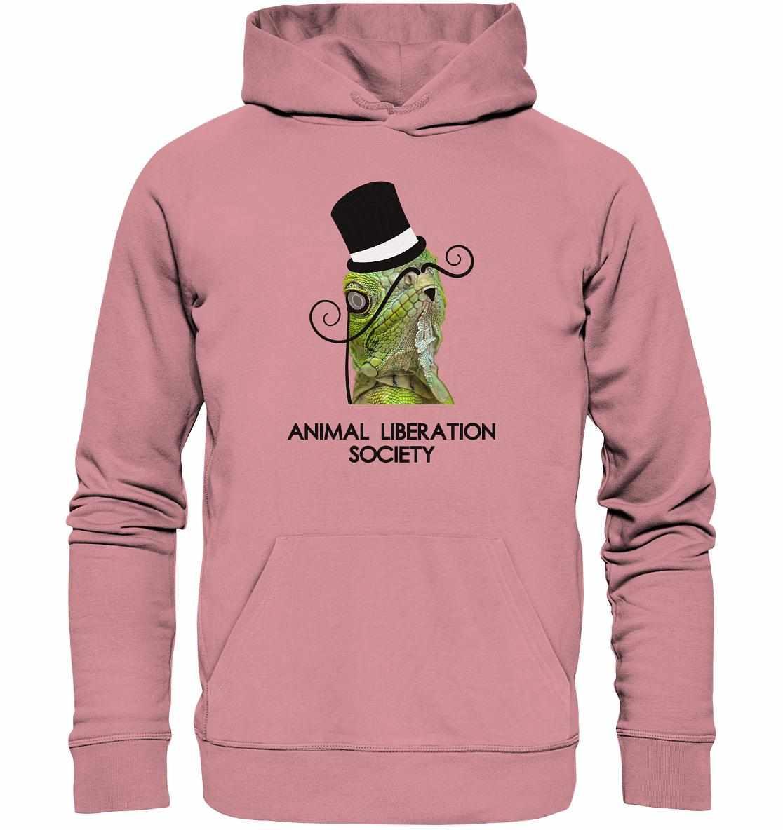 Vegan und Bio Hoodie: Sir Reptile - Animal Liberation Society, zeigt einen stilvollen, top-bekleideten Lizard, verkörpert nachhaltige Mode und Tierrechtsbewusstsein.