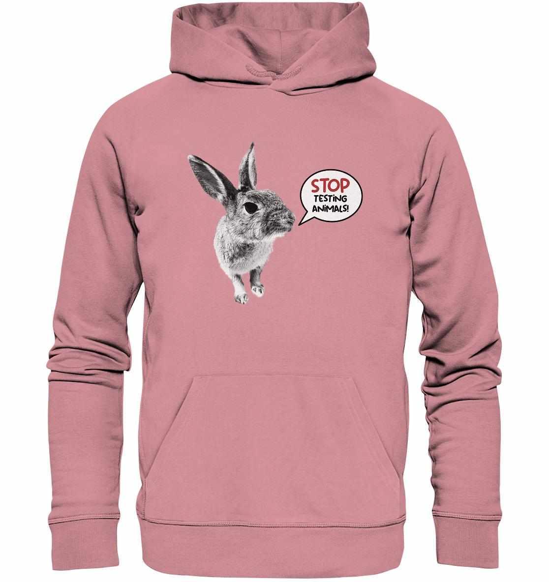 Vegan und Bio Hoodie: Cute Rabbit - Stop Testing Animals! zeigt einen Hasen mit Sprechblase auf einem pinken Hoodie, der nachhaltige Mode und Tierschutz vereint.