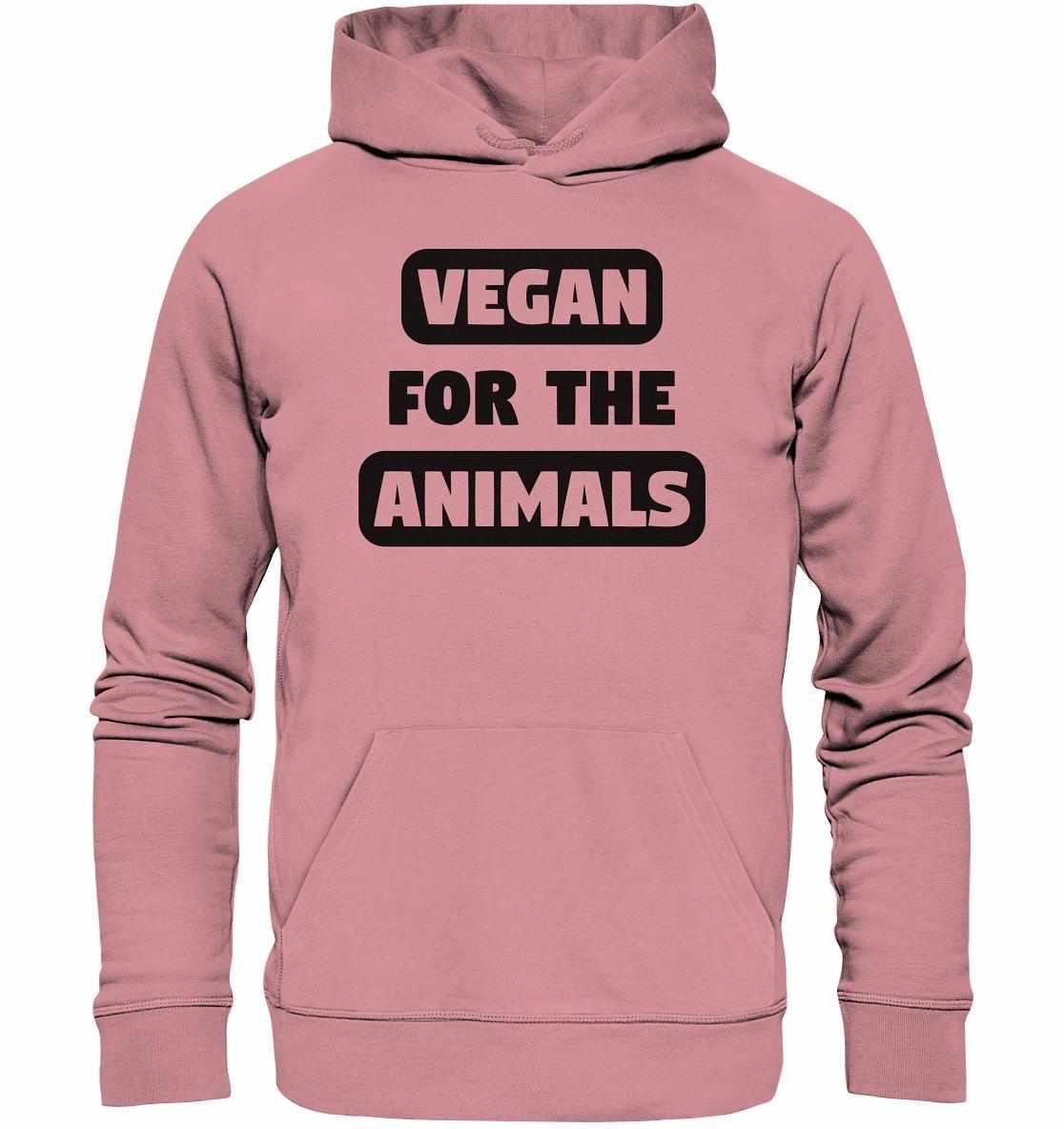 Vegan und Bio Hoodie: VEGAN FOR THE ANIMALS, pinker Hoodie mit schwarzem Text, aus Bio-Baumwolle und Recyclingmaterialien, normale Passform, betont Tierliebe und Umweltbewusstsein.
