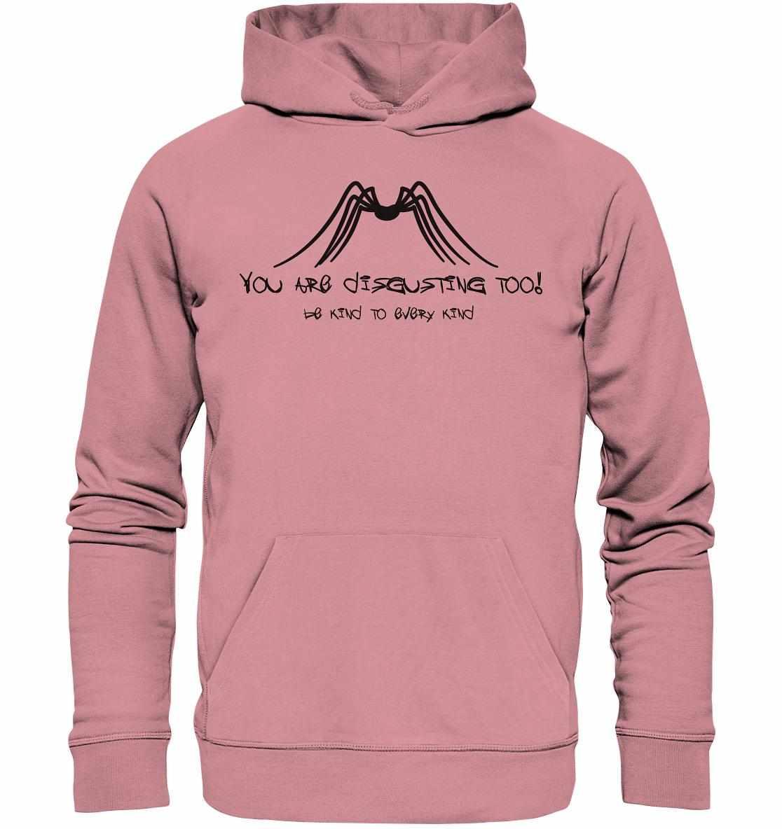 Vegan und Bio Hoodie: Protect Insects, aus pinker Bio-Baumwolle mit schwarzem Text, rebellisches Design zum Thema Tierschutz und Veganismus, von RUDE REBEL.