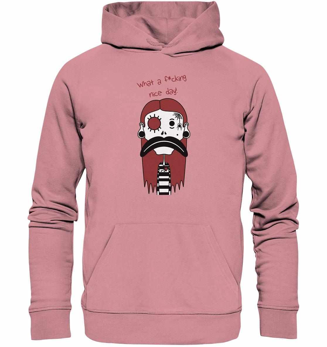 Vegan und Bio Hoodie: Mental health – Bad Day mit Cartoon-Design, Kängurutasche und Kapuze, aus Bio-Baumwolle und recyceltem Polyester, rebellisch und nachhaltig produziert.