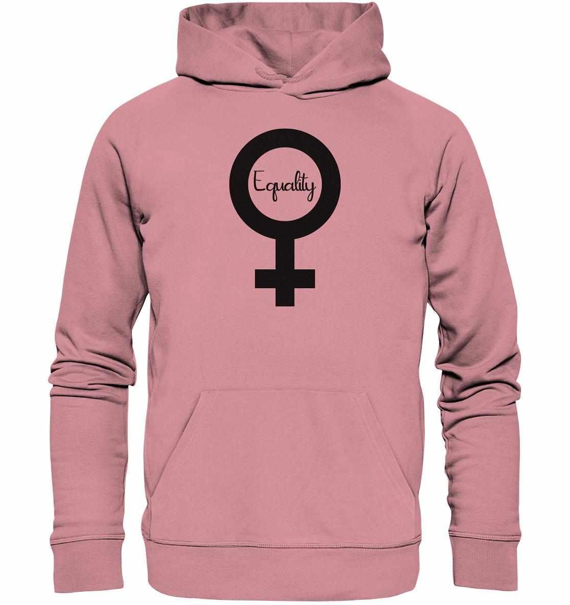 Vegan und Bio Hoodie: Feminismus - Der Kampf um Gleichberechtigung, pinker Hoodie mit schwarzem Symbol, aus Bio-Baumwolle und Recyclingmaterialien, fördert Gleichberechtigung.