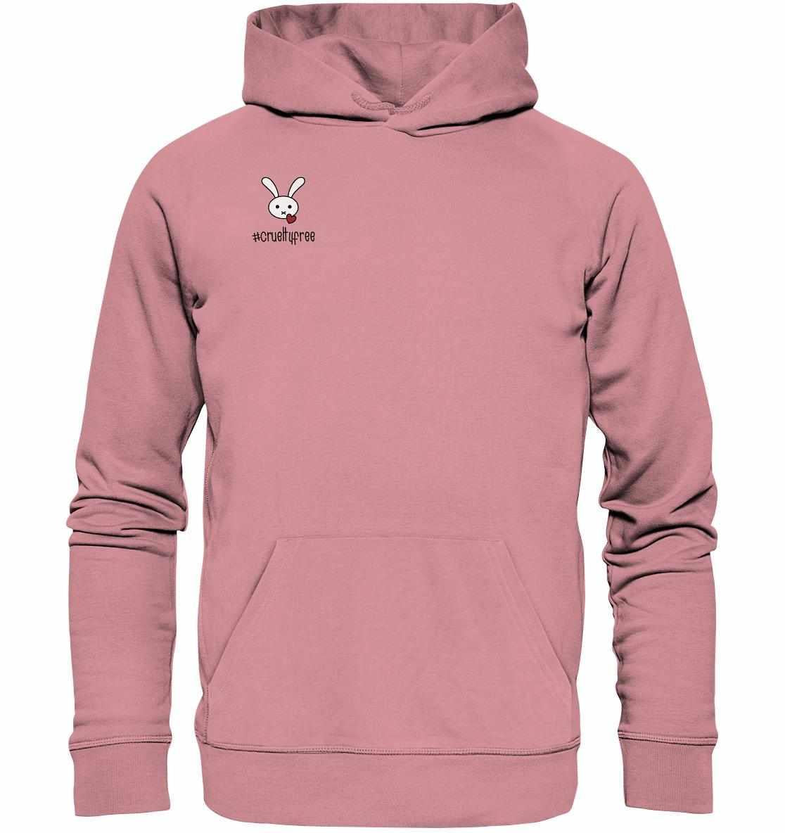 Vegan und Bio Hoodie: Crueltyfree Bunny mit Kapuze, zeigt einen weißen Hasen mit Herzmotiv, aus nachhaltigen Materialien gefertigt, repräsentiert vegane Bewegung.