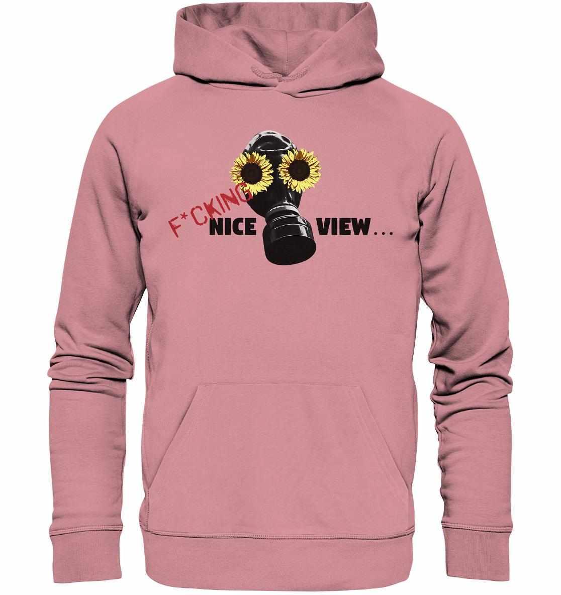 Vegan und Bio Hoodie: Sunflower Mask - F*cking nice view..., zeigt Gasmaske mit Sonnenblumen. Nachhaltig aus Bio-Baumwolle und recyceltem Polyester, normaler Schnitt, Kapuze, Kängurutasche.