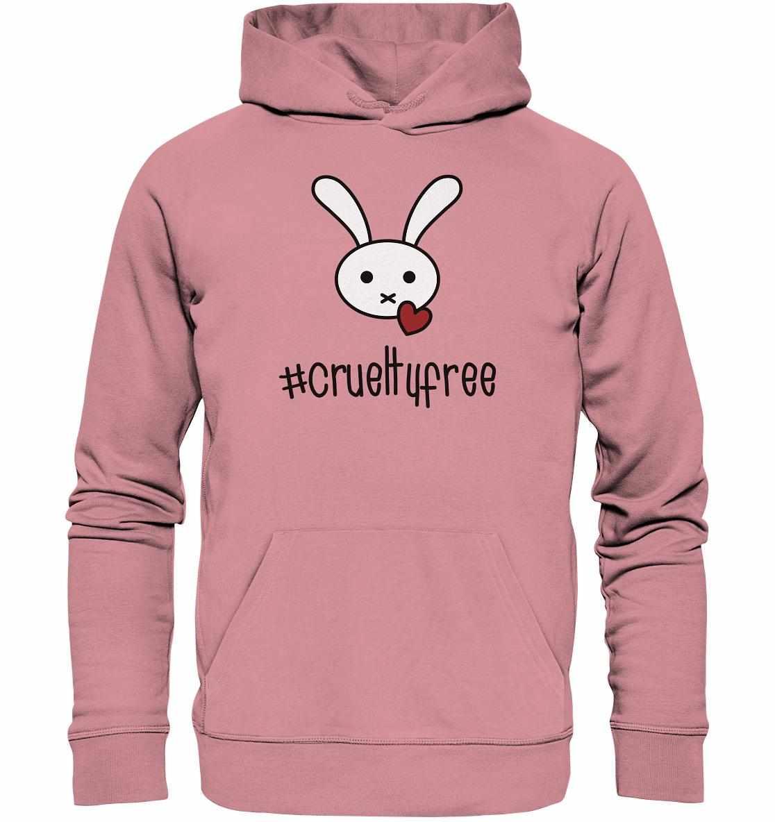 Vegan und Bio Hoodie: Crueltyfree Bunny BIG mit weißem Kaninchen-Design, aus nachhaltiger Bio-Baumwolle und recyceltem Polyester, Kapuze und Kängurutasche.