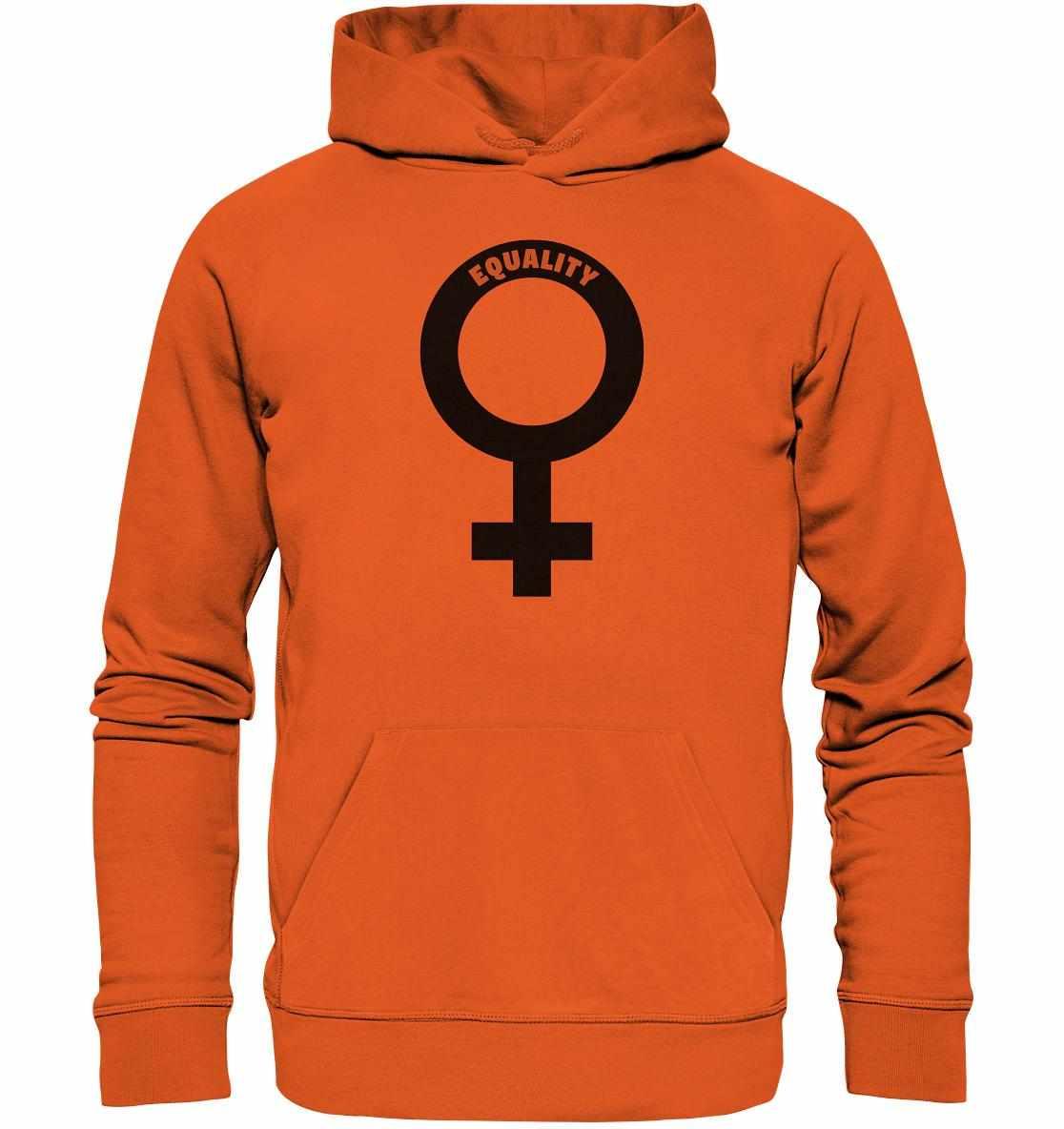 Vegan und Bio Hoodie mit Venussymbol, symbolisiert feministische Botschaft; gefertigt aus Bio-Baumwolle und recycelten Materialien.
