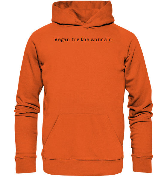 Minimalism Design - Vegan for the animals. - Organic Basic Hoodie, getragen von einer Person. Bio-Baumwolle, recyceltes Polyester, normale Passform, Kängurutasche, nachhaltige Herstellung.