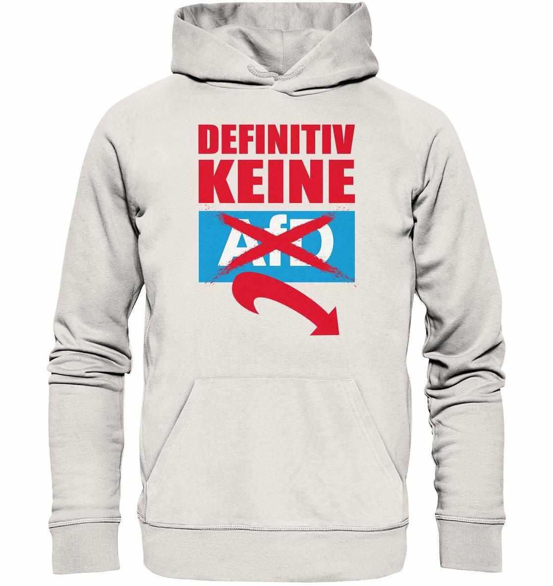 Vegan und Bio Hoodie: Gegen Rechts – Weißer Hoodie mit rotem und blauem Text, nachhaltig produziert aus Bio-Baumwolle und Recyclingmaterial, rebellisches Statement gegen Rechts.
