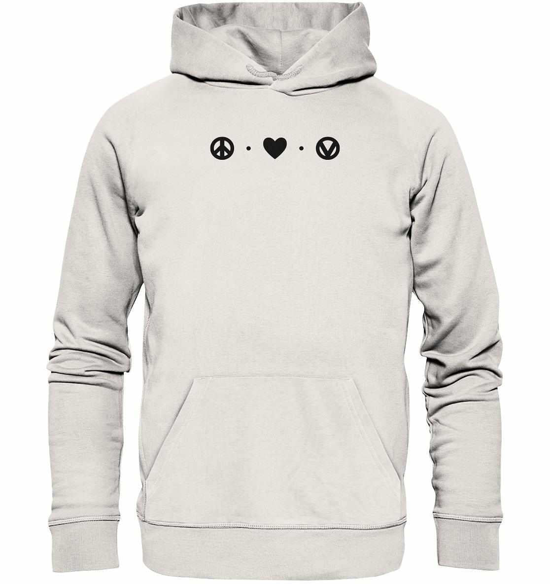 Vegan und Bio Hoodie: Peace - Love - Veganism, zeigt ein Peace-Symbol, gefertigt aus Bio-Baumwolle und recyceltem Polyester, symbolisiert Frieden und Nachhaltigkeit.