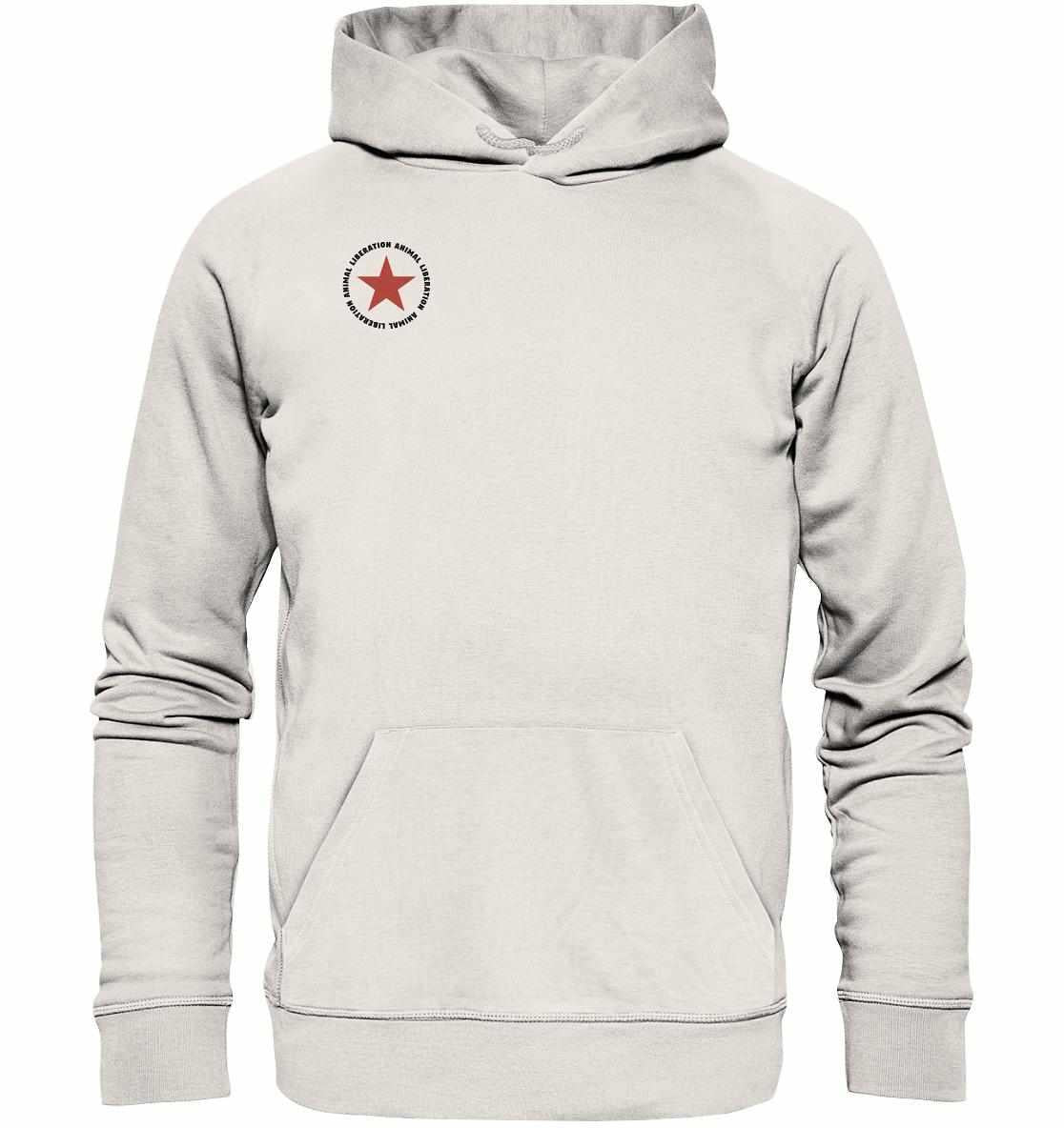 Vegan und Bio Hoodie: Red Star - Animal Liberation mit rotem Stern, hergestellt aus Bio-Baumwolle und Recyclingmaterialien, getragen von einer Person.