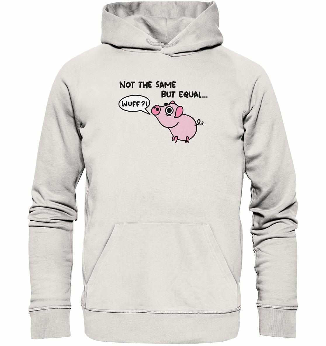 Vegan und Bio Hoodie mit niedlichem Schwein-Design und Fragezeichen, symbolisiert Tierrechte. Hergestellt aus Bio-Baumwolle, ideal für nachhaltige Mode von RUDE REBEL.