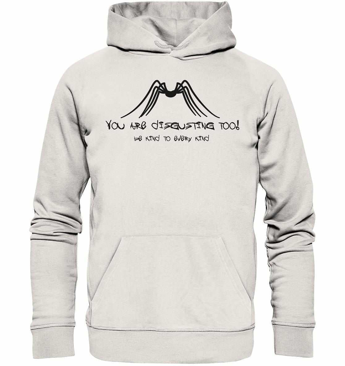 Vegan und Bio Hoodie mit Protect Insects, even spiders Motiv, aus umweltfreundlicher Bio-Baumwolle, inspiriert von Tierschutz und Nachhaltigkeit, von RUDE REBEL.