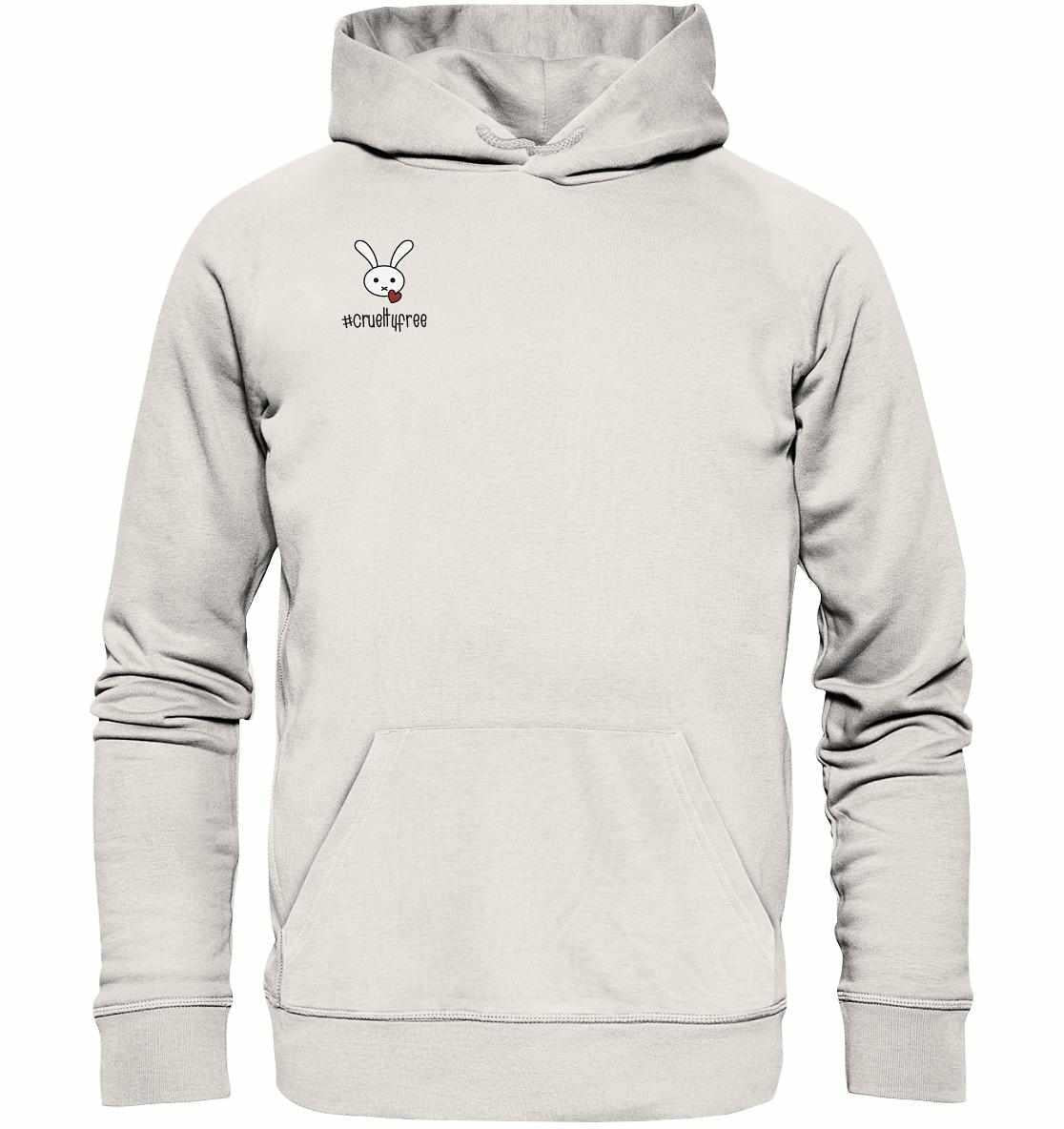 Vegan und Bio Hoodie: Crueltyfree Bunny mit Kaninchenmotiv, getragen von Person. Hergestellt aus Bio-Baumwolle und recyceltem Polyester, repräsentiert vegane und umweltfreundliche Werte.