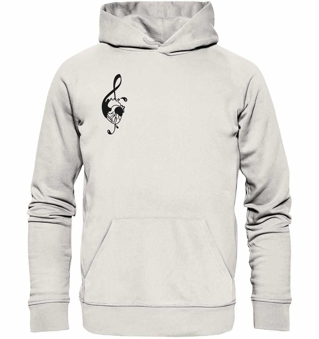 Vegan und Bio Hoodie: Music Therapy with Heart - Weißer Kapuzenpullover mit schwarzem Notenschlüssel und Herzmotiv, umweltfreundlich produziert aus Bio-Baumwolle.