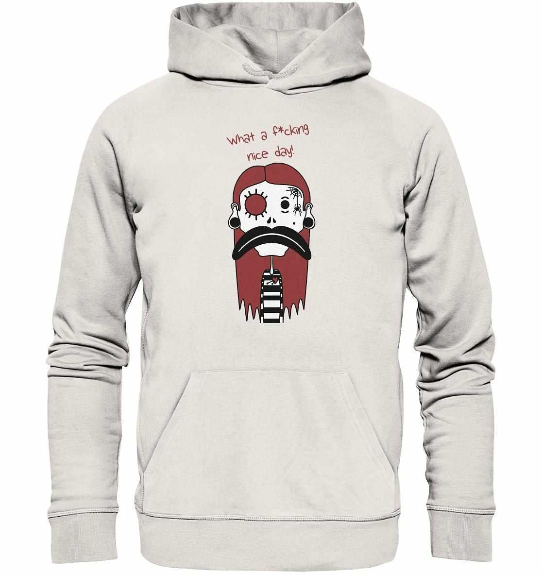 Vegan und Bio Hoodie: Mental health – Bad Day mit Cartoonfigur, normaler Schnitt, Bio-Baumwolle, recyceltem Polyester, Kängurutasche, flachen Zugkordeln, ideal für rebellische, nachhaltige Mode.