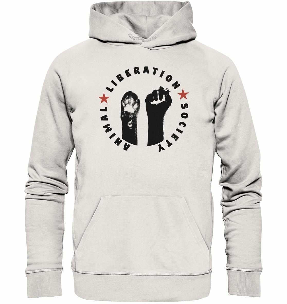 Vegan und Bio Hoodie mit Pfote-und-Faust-Logo, symbolisiert Tierrechtsaktivismus. Hergestellt aus Bio-Baumwolle und recyceltem Polyester, normaler Schnitt, Kapuze.
