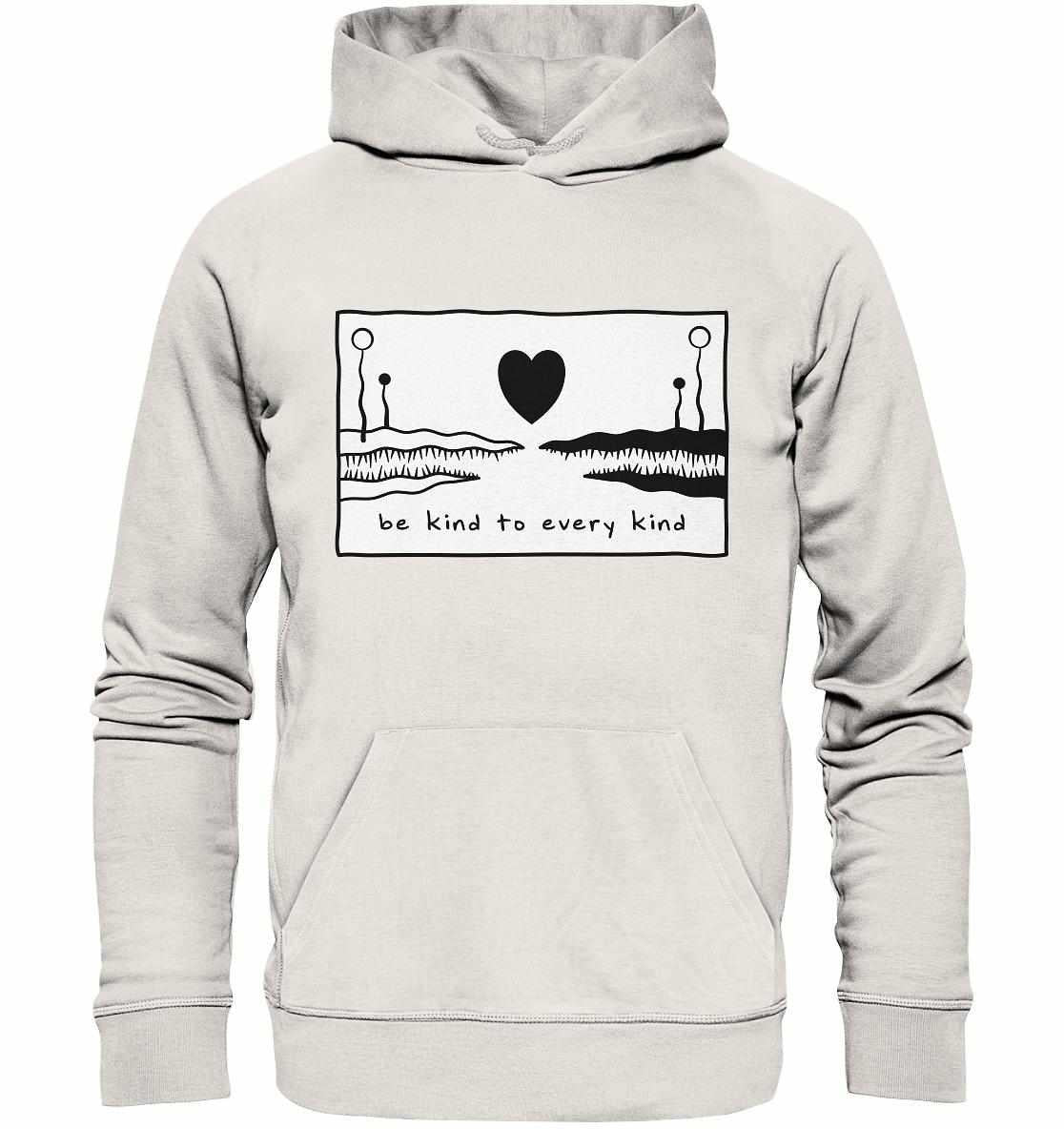Vegan und Bio Hoodie Be kind to every kind mit schwarzem Herz- und Figurenmotiv, aus nachhaltiger Bio-Baumwolle mit Kängurutasche und Kapuze.