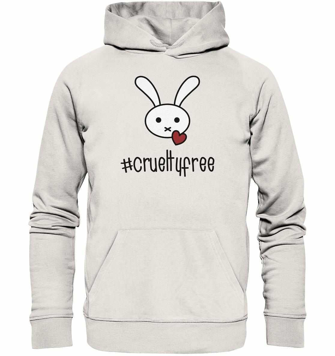 Vegan und Bio Hoodie: Crueltyfree Bunny BIG mit gesticktem Hasenmotiv und Herz, aus nachhaltiger Bio-Baumwolle, symbolisiert vegane Bewegung und Tierschutz.