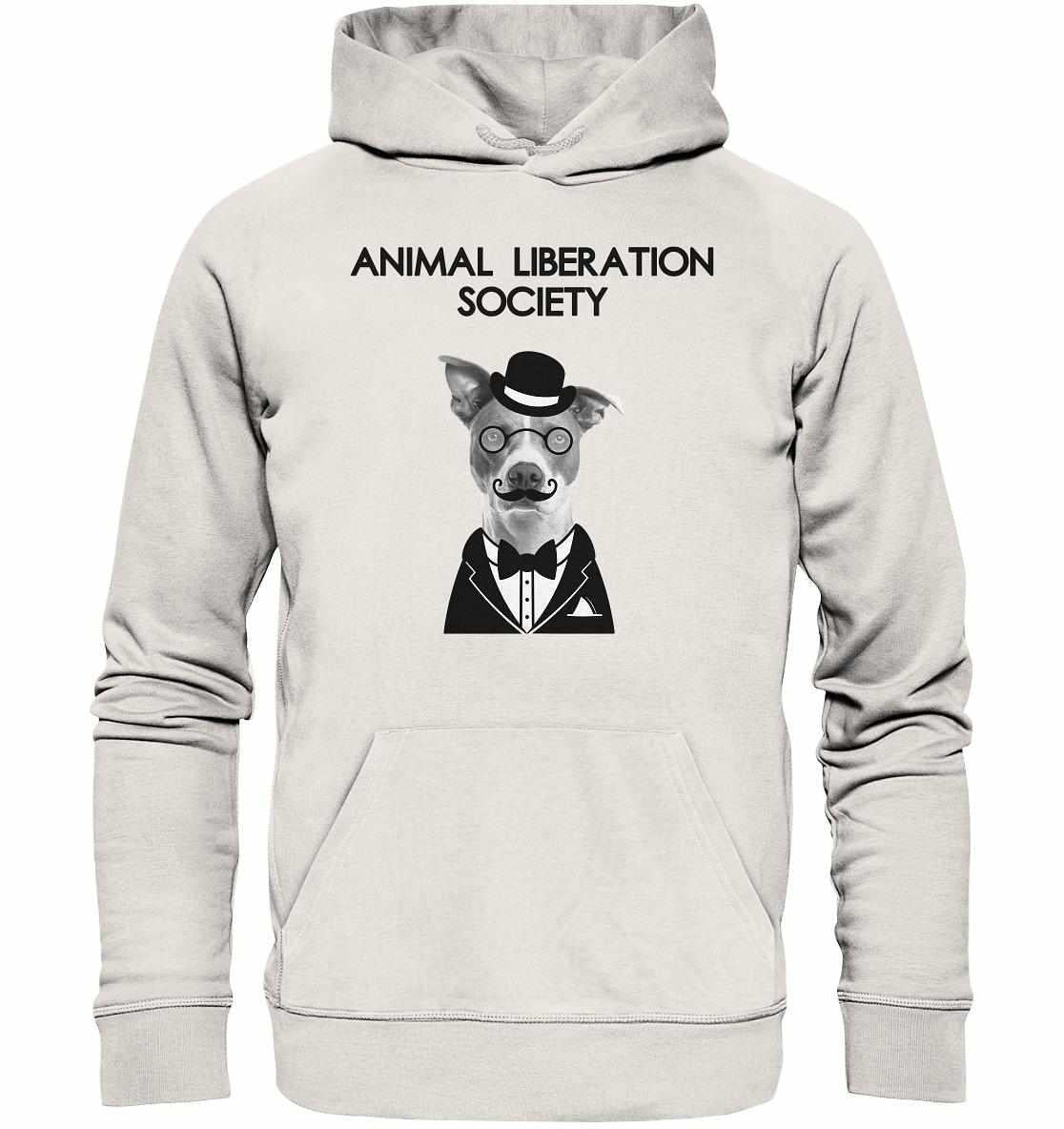 Vegan und Bio Hoodie: Mr. Dog - Animal Liberation Society mit Hundemotiv, Hut und Brille, aus umweltfreundlichen Materialien, normaler Schnitt, Kapuze und Kängurutasche.