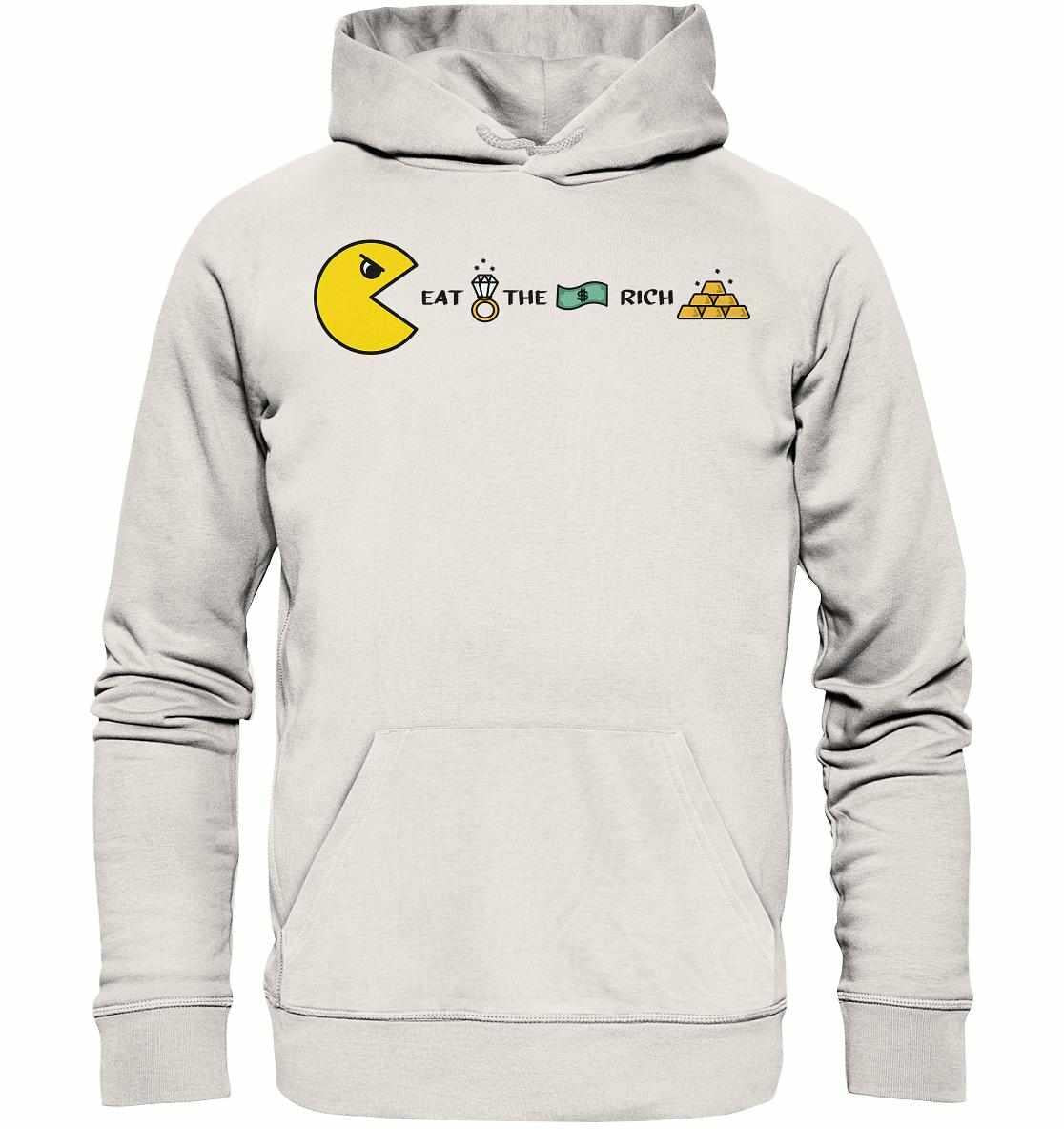 Vegan und Bio Hoodie: PAC-MAN - Eat the rich, weißer Hoodie mit gelbem Pac-Man und goldenen Pyramiden, umweltfreundlich aus Bio-Baumwolle und recyceltem Polyester.