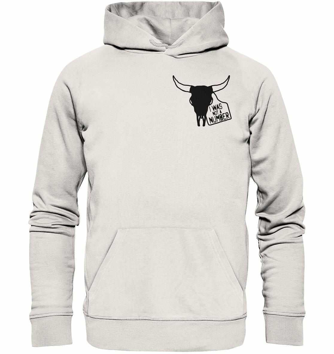 Vegan und Bio Hoodie mit schwarzem Stiermotiv, aus umweltfreundlichen Materialien.