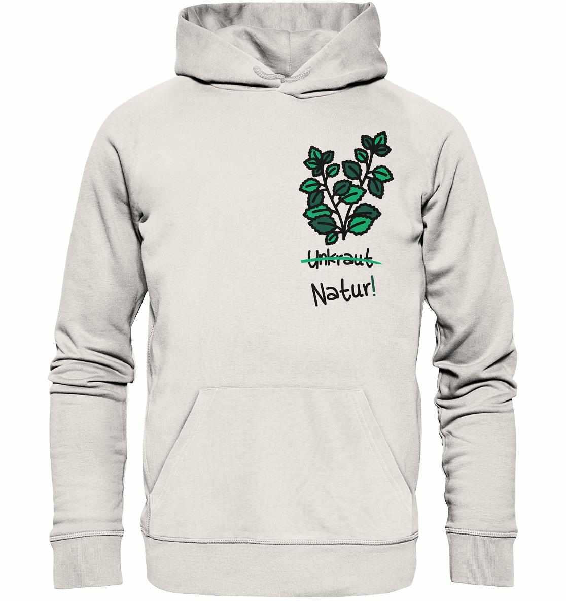 Vegan und Bio Hoodie mit grünem Blattmotiv, aus nachhaltiger Bio-Baumwolle, symbolisiert Naturschutz und die Wertschätzung von Pflanzenvielfalt.