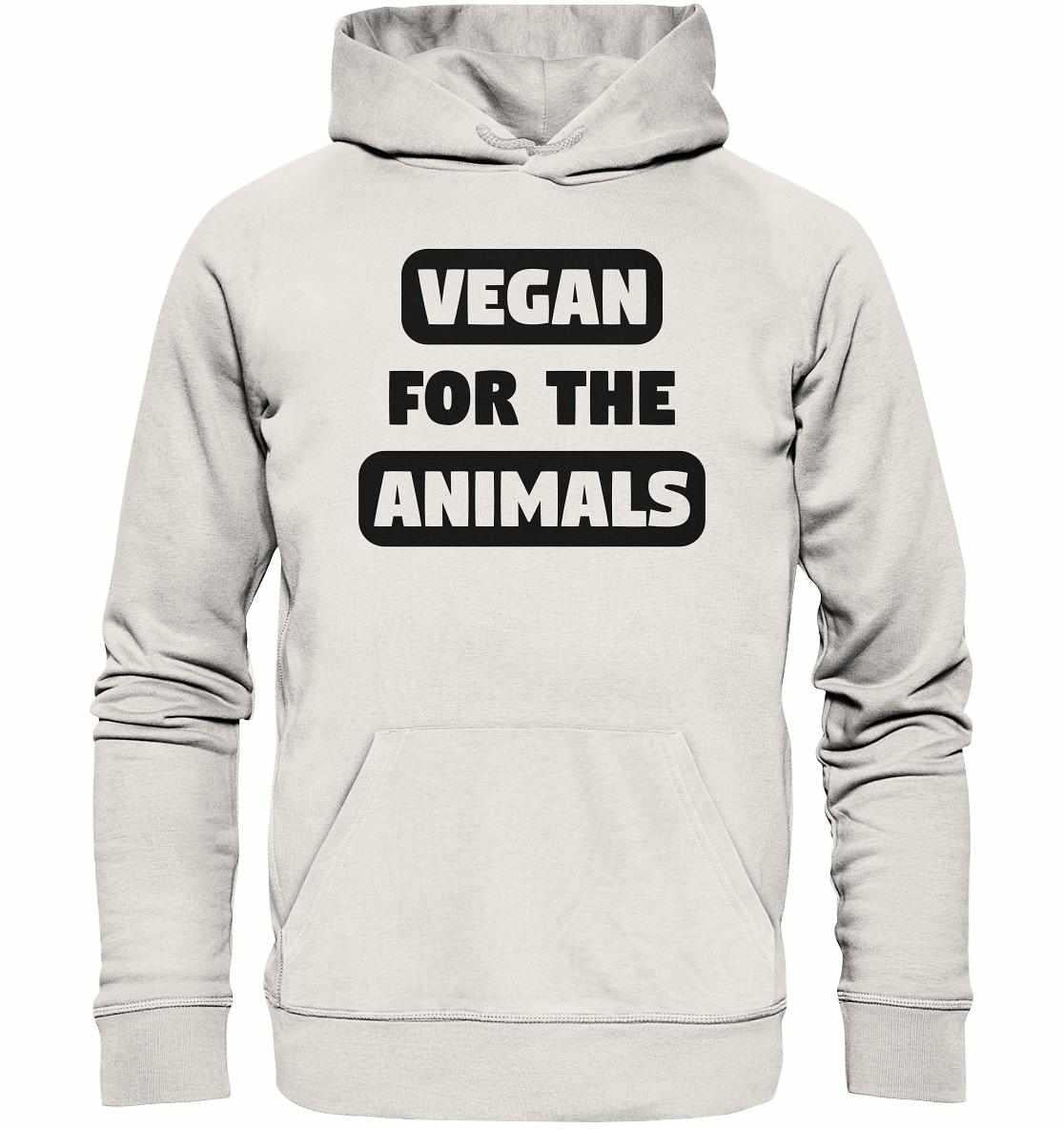 Vegan und Bio Hoodie: VEGAN FOR THE ANIMALS, weiß mit schwarzem Text, Kapuze, Kängurutasche, aus Bio-Baumwolle und recyceltem Polyester, nachhaltige Produktion.