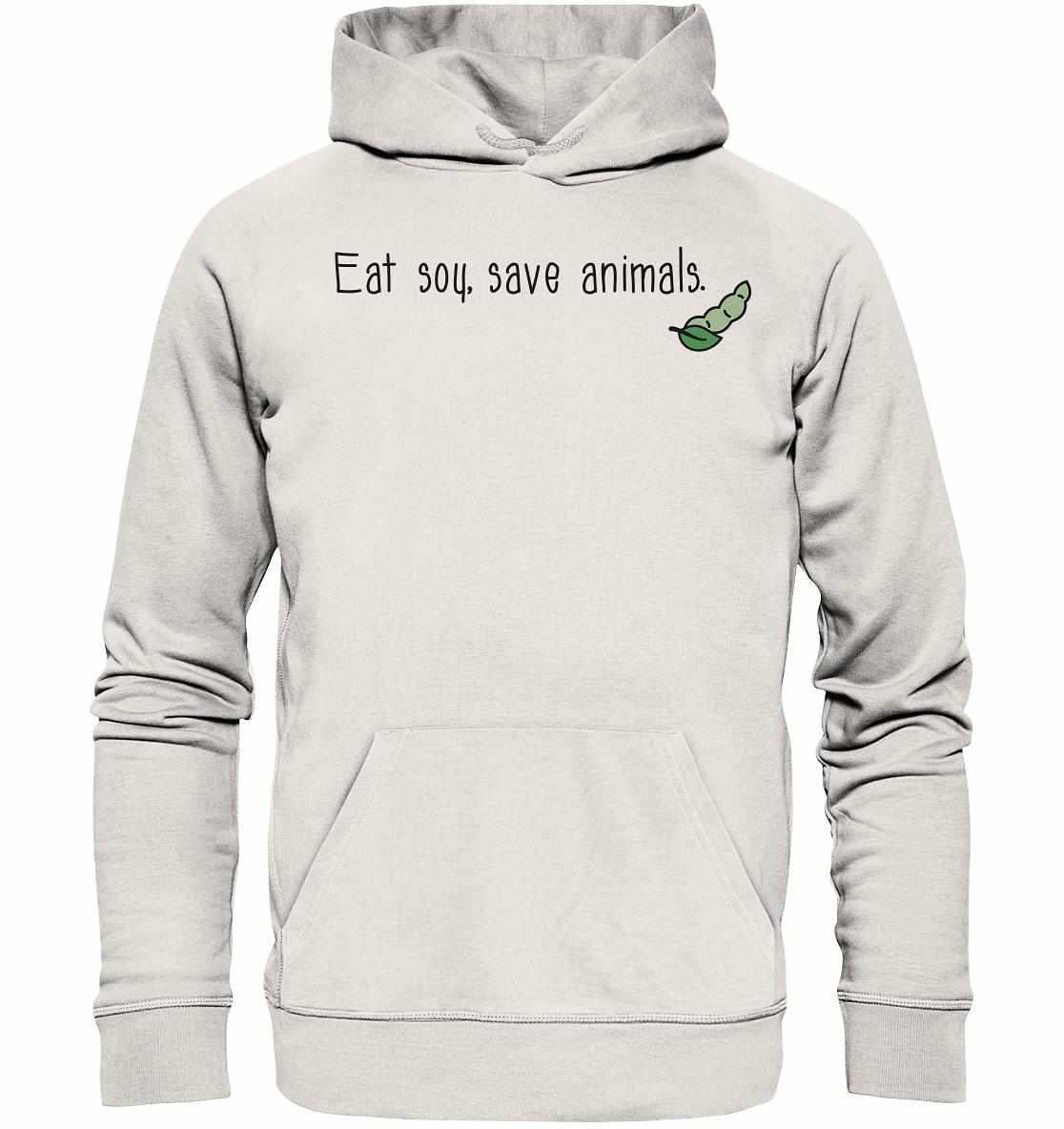 Vegan und Bio Hoodie mit grünem Erbsenlogo und Kängurutasche, aus Bio-Baumwolle und recyceltem Polyester, thematisiert Veganismus und Tierschutz.