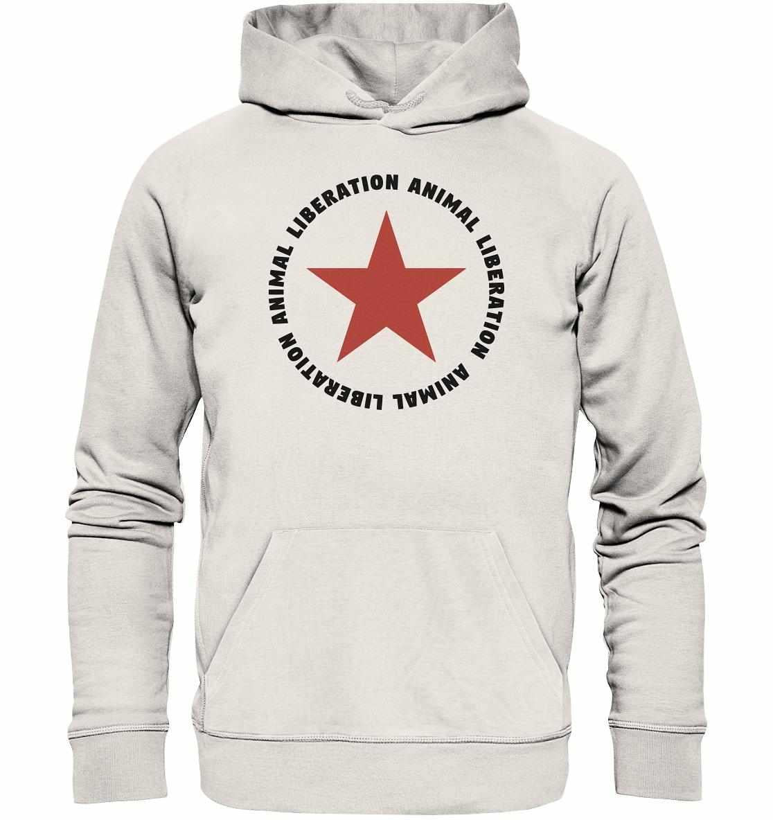 Vegan und Bio Hoodie: Red Star und Animal Liberation, weiß mit rotem Stern, aus Bio-Baumwolle und Recyclingmaterialien, mit Kapuze und Kängurutasche.