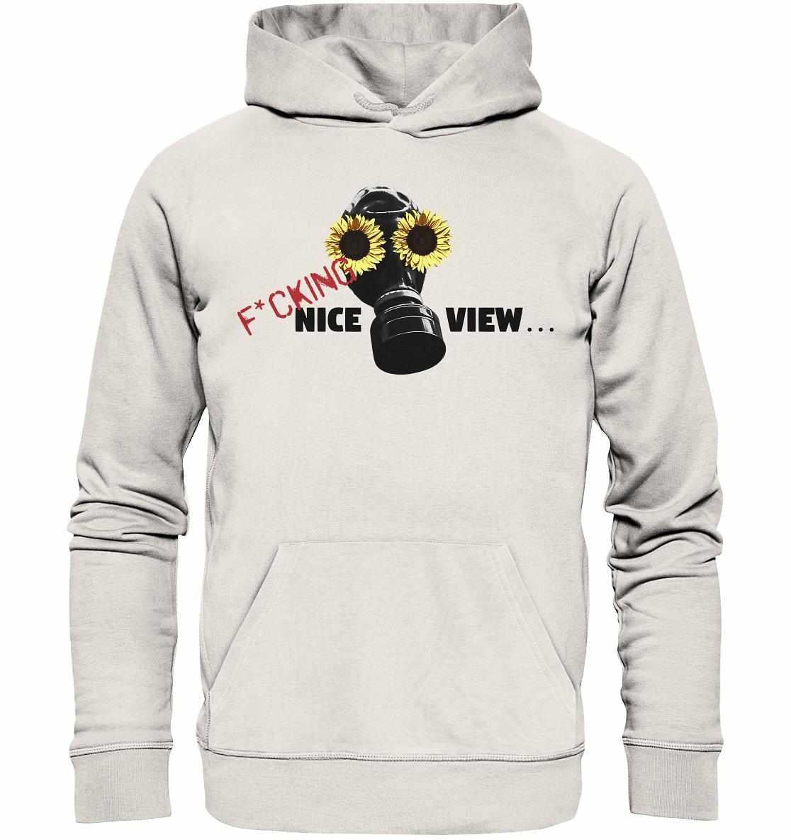 Vegan und Bio Hoodie: Sunflower Mask - F*cking nice view... zeigt Gasmaske mit Sonnenblumen, aus nachhaltiger Bio-Baumwolle und recyceltem Polyester, fördert umweltfreundlichen Lebensstil.