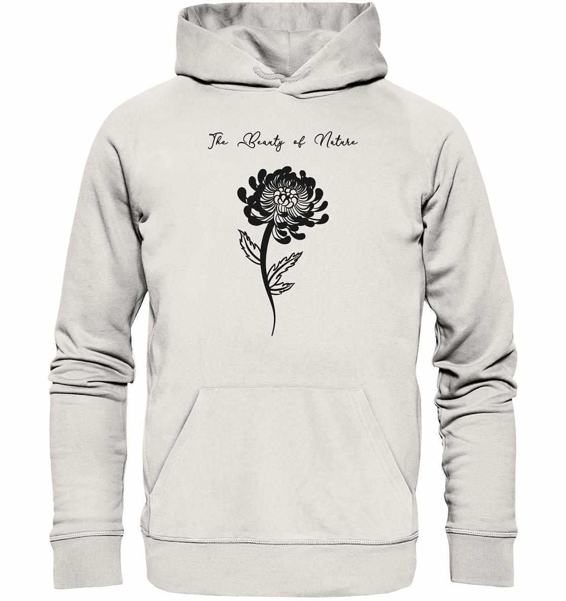 Vegan und Bio Hoodie: Chrysantheme, zeigt eine stilisierte Blume, aus nachhaltiger Bio-Baumwolle und recycelten Materialien, mit Kapuze und Kängurutasche.