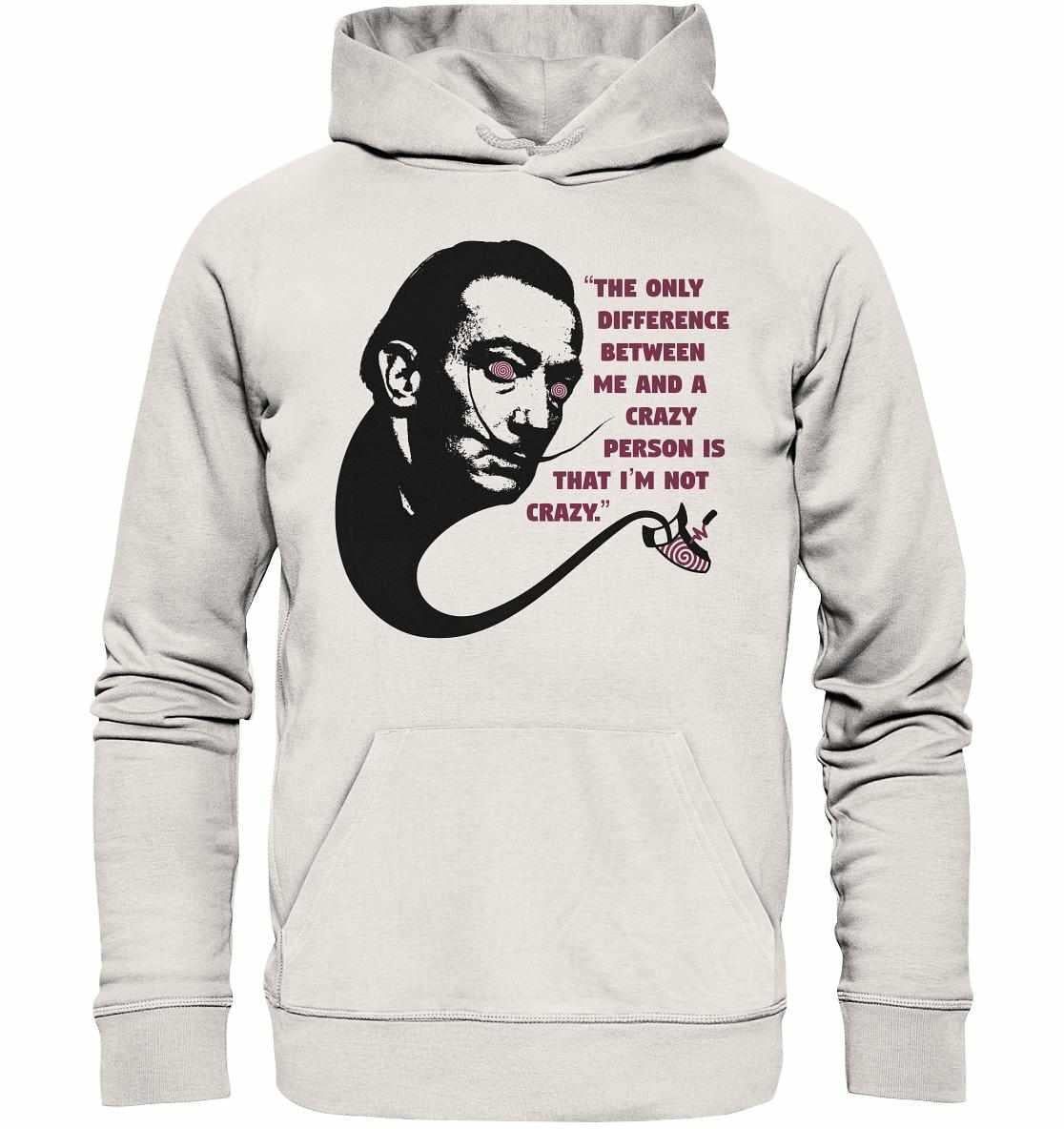 Vegan und Bio Hoodie: Crazy Dali mit surrealistischem Design, zeigt Salvador Dali's Gesicht, aus Bio-Baumwolle und recyceltem Polyester, von RUDE REBEL.