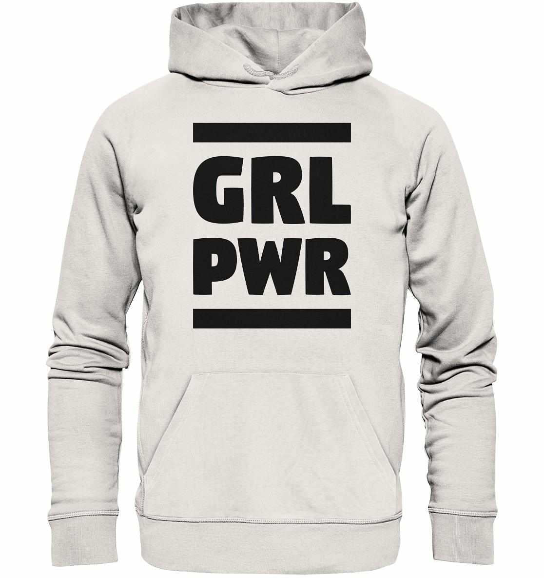 Vegan und Bio Hoodie: GIRL POWER - Weißer Hoodie mit schwarzem Text, feministischer Botschaft, Kängurutasche und Kapuze, aus Biobaumwolle und recyceltem Polyester hergestellt.