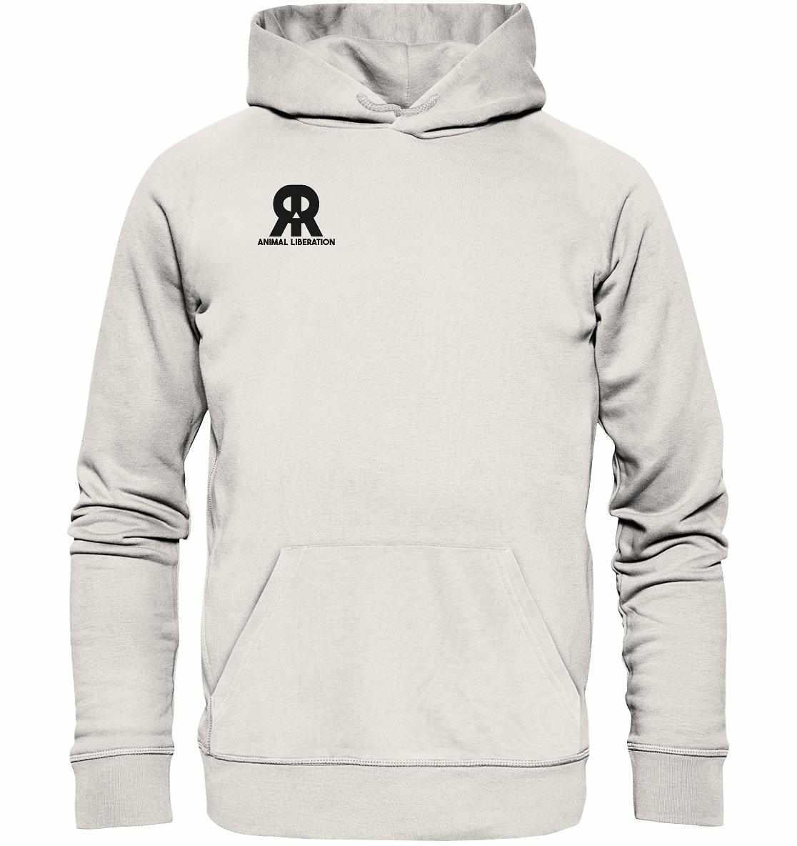 Vegan und Bio Hoodie: RUDE REBEL Skull - Animal Liberation, weißer Hoodie mit Logo, aus Bio-Baumwolle und Recyclingmaterialien, symbolisiert Tierrechte und Rebellion.