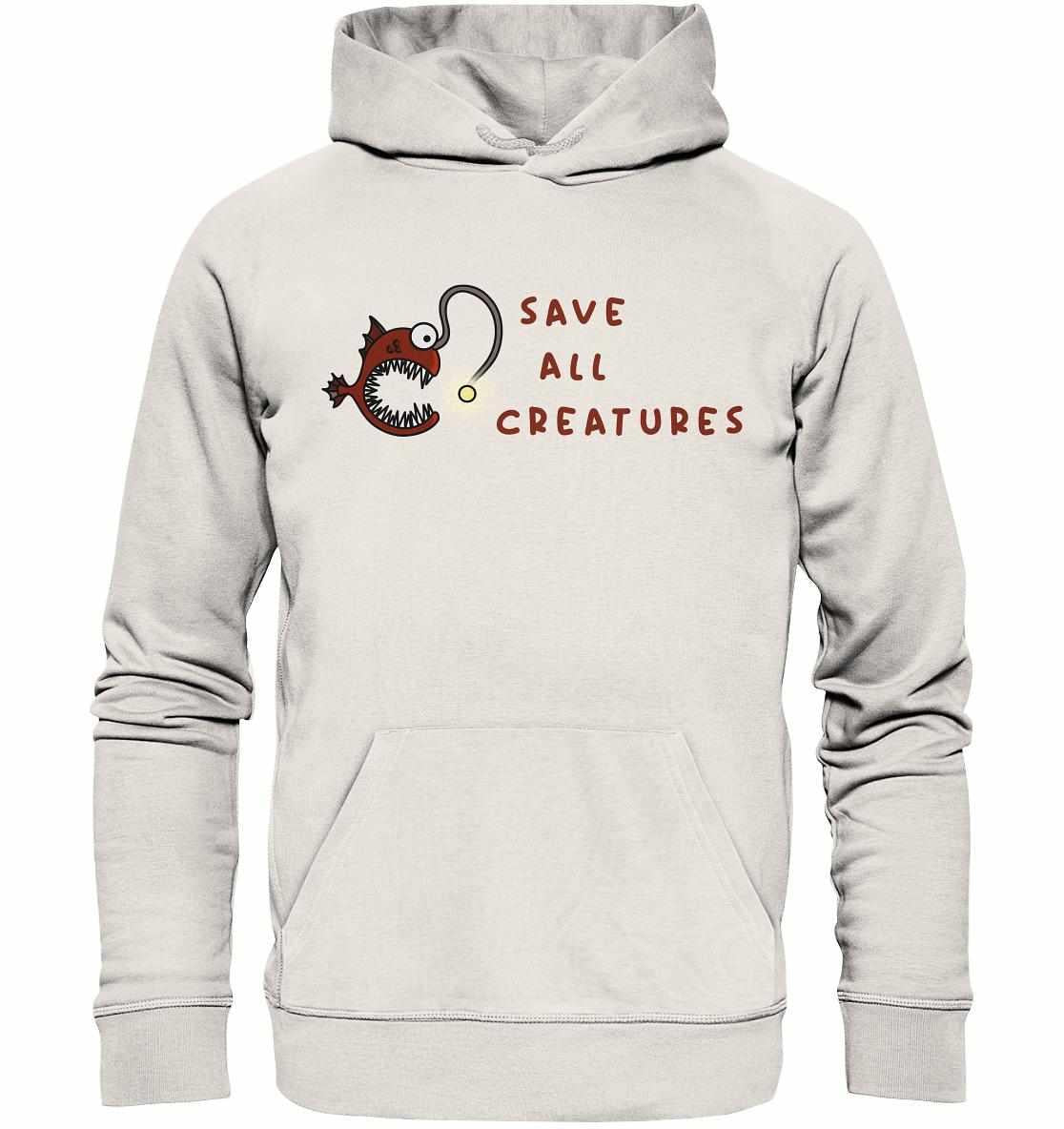 Vegan und Bio Hoodie: Weird Frogfish mit Cartoon-Anglerfisch und Text, symbolisiert den Schutz aller Kreaturen. Hergestellt aus Bio-Baumwolle und recyceltem Polyester.