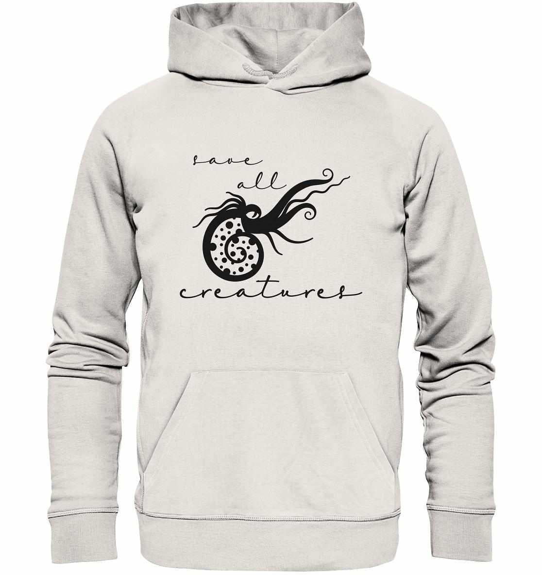 Vegan und Bio Hoodie: Save All Creatures mit schwarzem Grafikdesign eines Meereswesens, aus umweltfreundlicher Bio-Baumwolle, symbolisiert Gleichberechtigung aller Lebewesen.