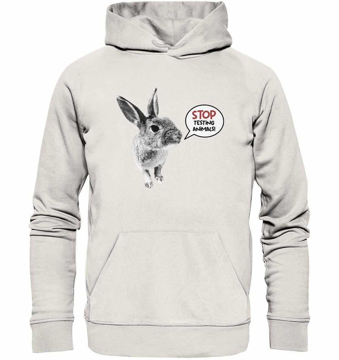 Vegan und Bio Hoodie: Cute Rabbit - Stop Testing Animals! zeigt ein Häschen mit Sprechblase auf grauem Hoodie, aus Bio-Baumwolle und Recyclingmaterialien.