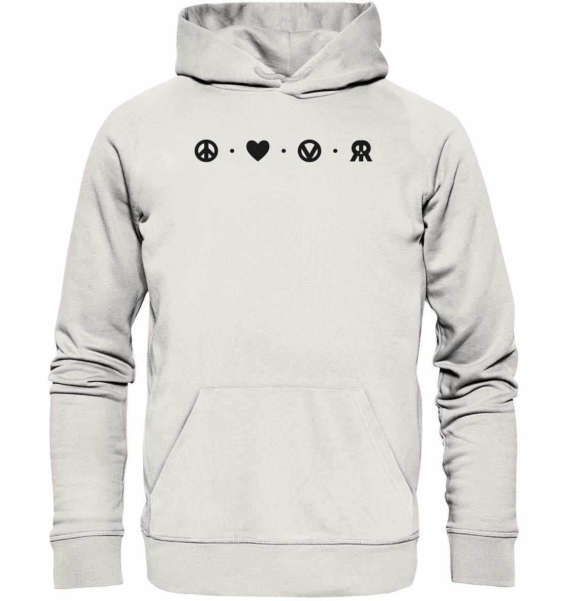 Vegan und Bio Hoodie: Peace - Love - Veganism - RUDE REBEL; weißes Hoodie mit schwarzen Symbolen und Kängurutasche, nachhaltig aus Bio-Baumwolle und recyceltem Polyester gefertigt.