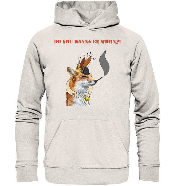 Vegan und Bio Hoodie: Mrs. Fox demonstriert gegen Pelz! zeigt einen Fuchs mit Piratenhut, verkörpert Tierrechte-Themen von RUDE REBEL, nachhaltig aus Biobaumwolle und recyceltem Polyester.