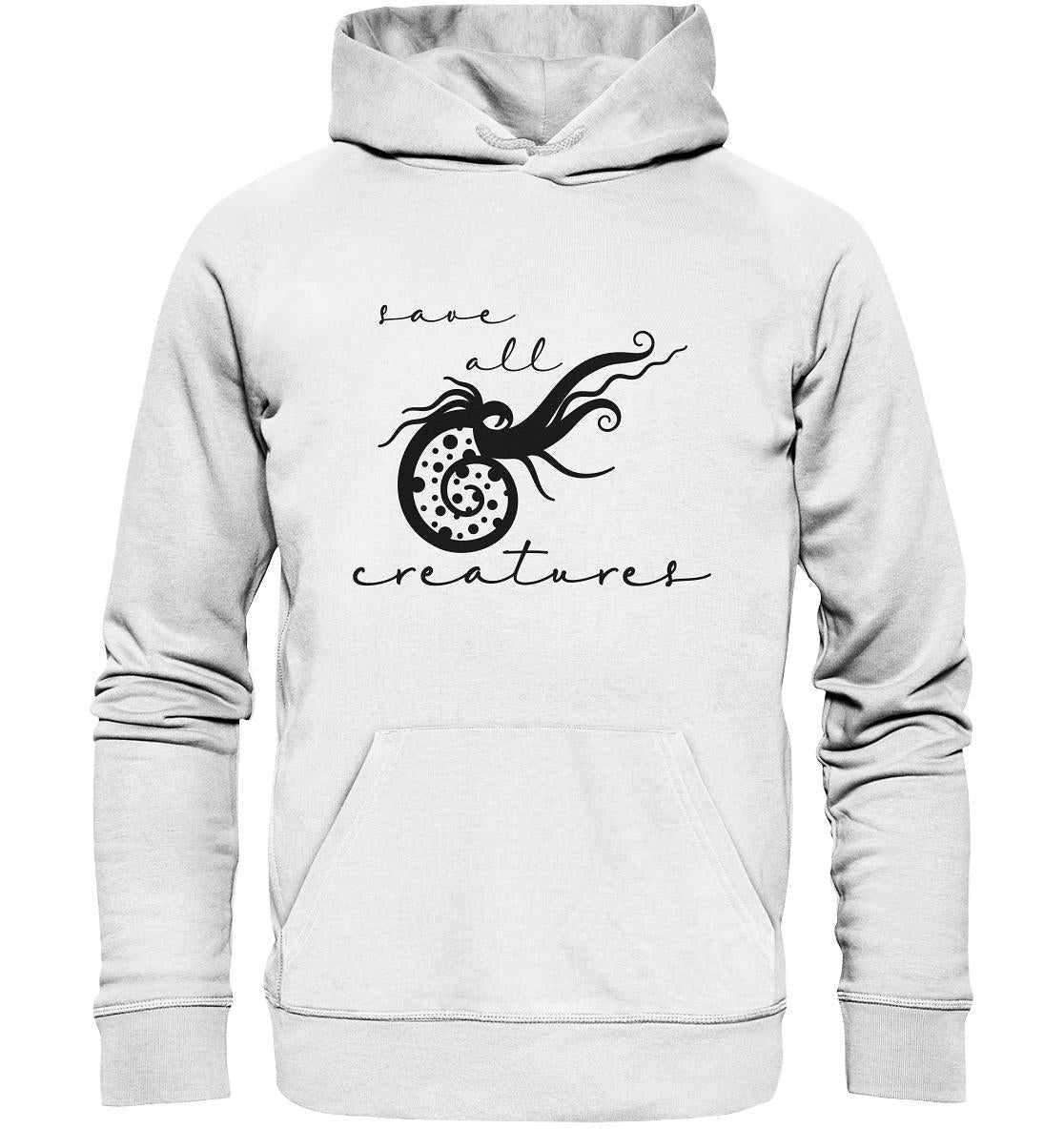 Vegan und Bio Hoodie: Save All Creatures, weiße Kapuze mit schwarzem Meereskreaturen-Design, aus umweltfreundlicher Bio-Baumwolle, fördert Tierrechte und Nachhaltigkeit.