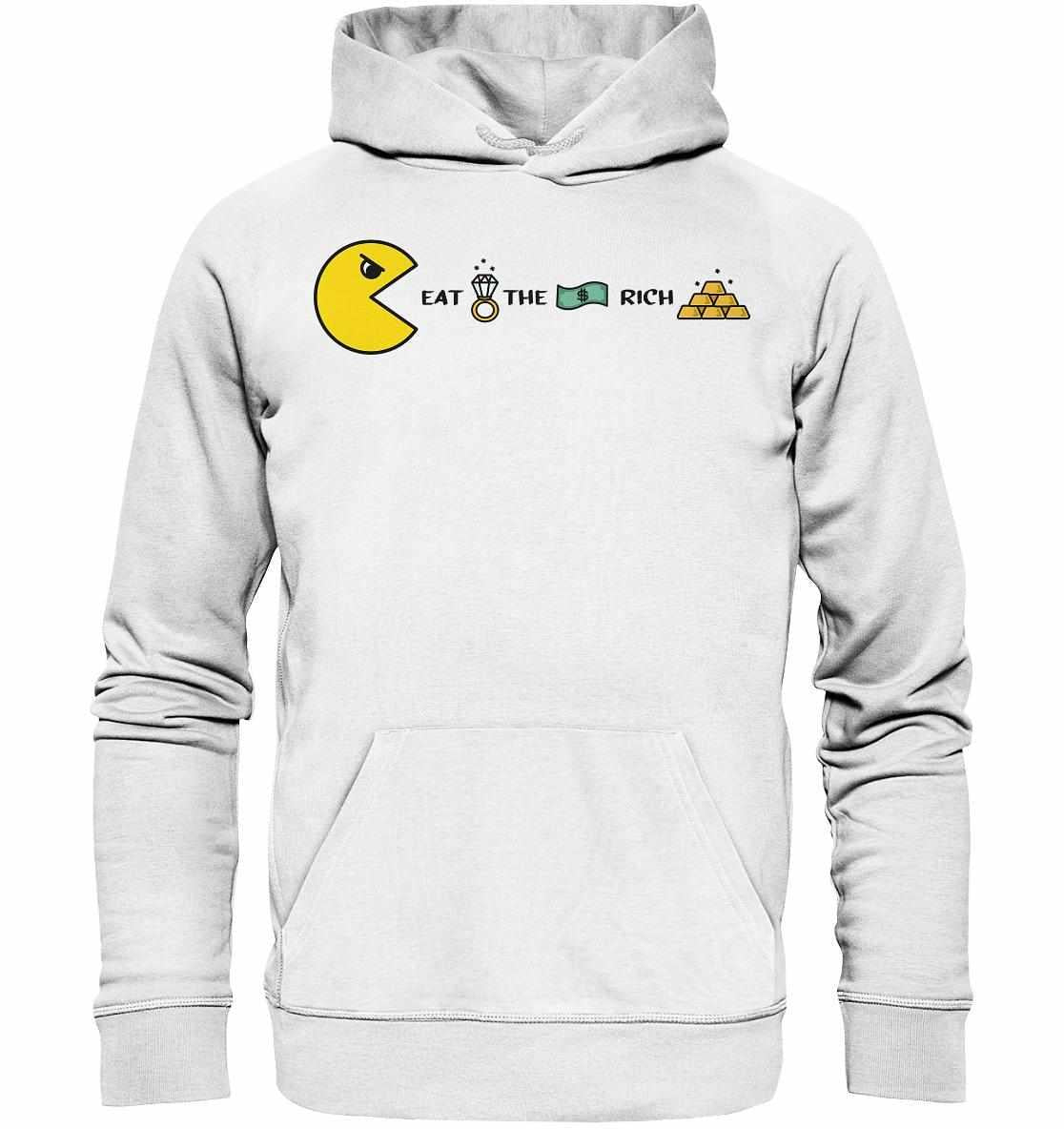 Vegan und Bio Hoodie: PAC-MAN - Eat the rich, weiß mit gelbem Pac-Man und goldenen Barren, aus Biobaumwolle und recyceltem Polyester, rebellisches Design von RUDE REBEL.