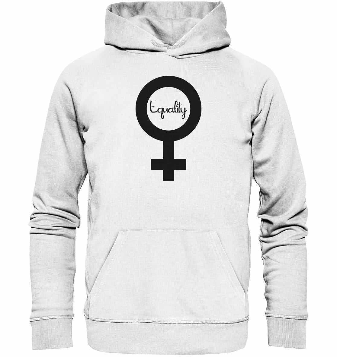 Vegan und Bio Hoodie: Feminismus - Der Kampf um Gleichberechtigung, ein weißer, umweltfreundlich produzierter Kapuzenpullover mit symbolischem Design, getragen von einer Person.