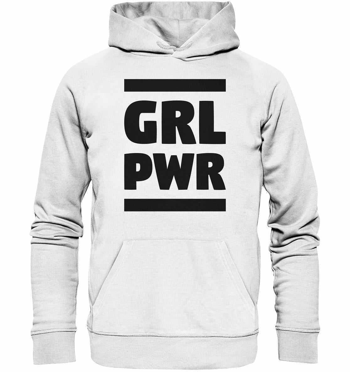 Vegan und Bio Hoodie: GIRL POWER mit schwarzem Text auf weißem Hintergrund, normaler Schnitt, Kapuze, Kängurutasche, aus Bio-Baumwolle und recyceltem Polyester.
